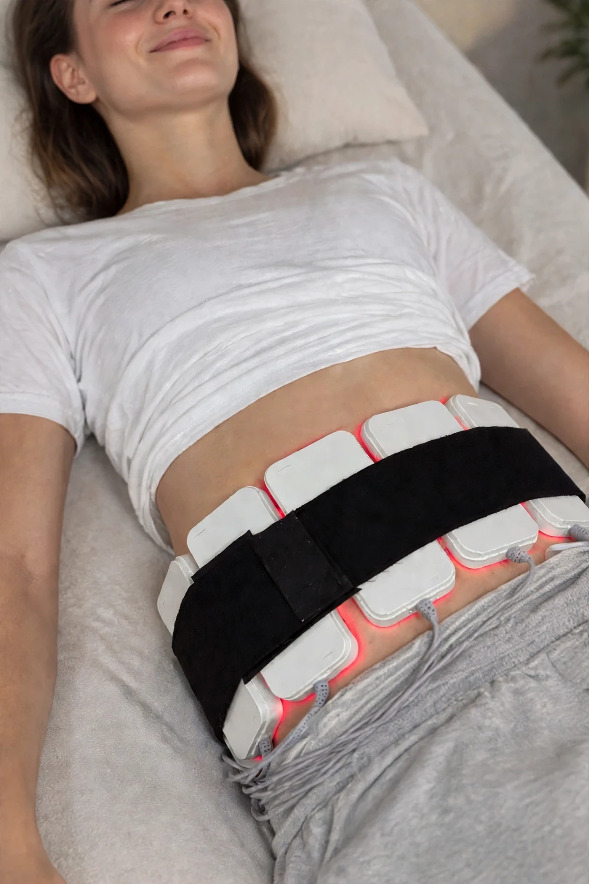 Faja de lipoláser con paneles LED rojos sobre el abdomen